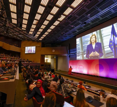 A photo of the plenary with a video shown on screen of a representative from the EU speaking to the audience