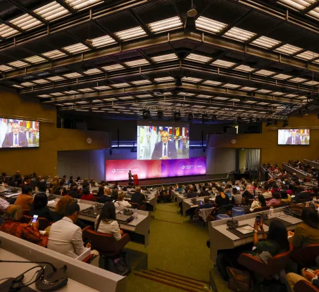 The plenary at the World Cancer Congress 2024 with an address from Tedros, the Director General of the WHO, on the main screen
