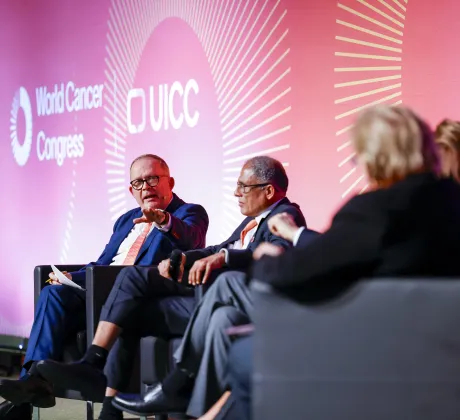 Cary Adams and Past UICC Presidents on the stage of the Plenary during 2024 World Cancer Congress