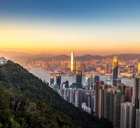 A view from Hong Kong from a mountain at sunset