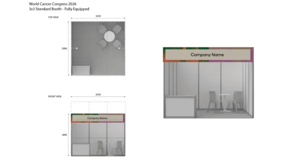 Diagrams showing the layout of an exhibition stand at the World Cancer Congress 2026