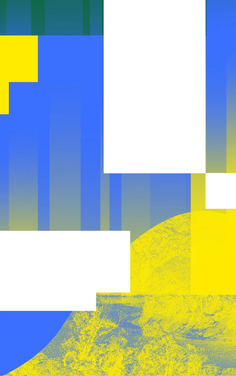 Graphic elements symbolising the urban and nature elements of Hong Kong in blue green and yellow 