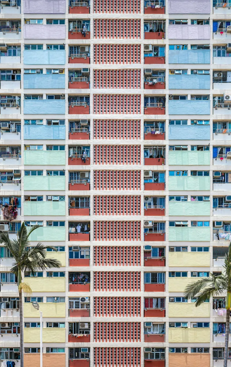 A colourful apartment building facade in Hong Kong
